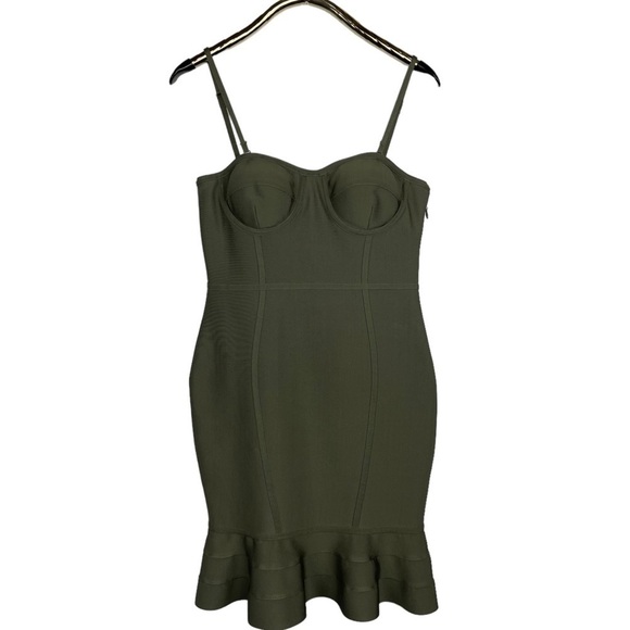 BEBE BUSTIER BODYCON OLIVE GREEN STRETCH MERMAID HEM MIDI DRESS - Picture 4 of 14